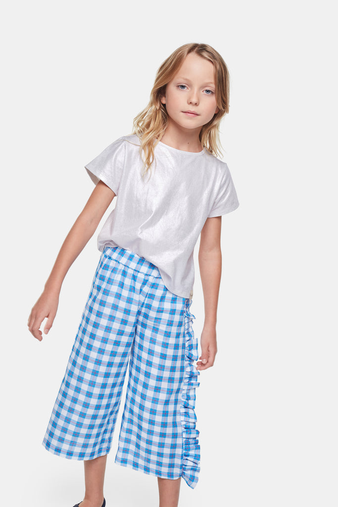 Checkered White and Blue Trousers with Ruffle