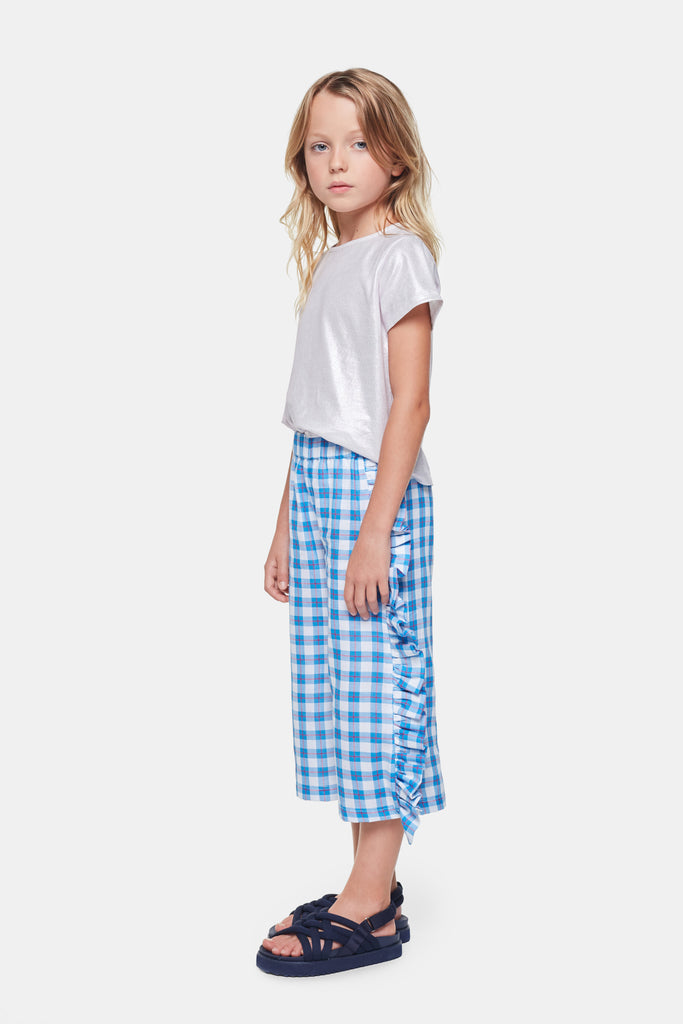 Checkered White and Blue Trousers with Ruffle