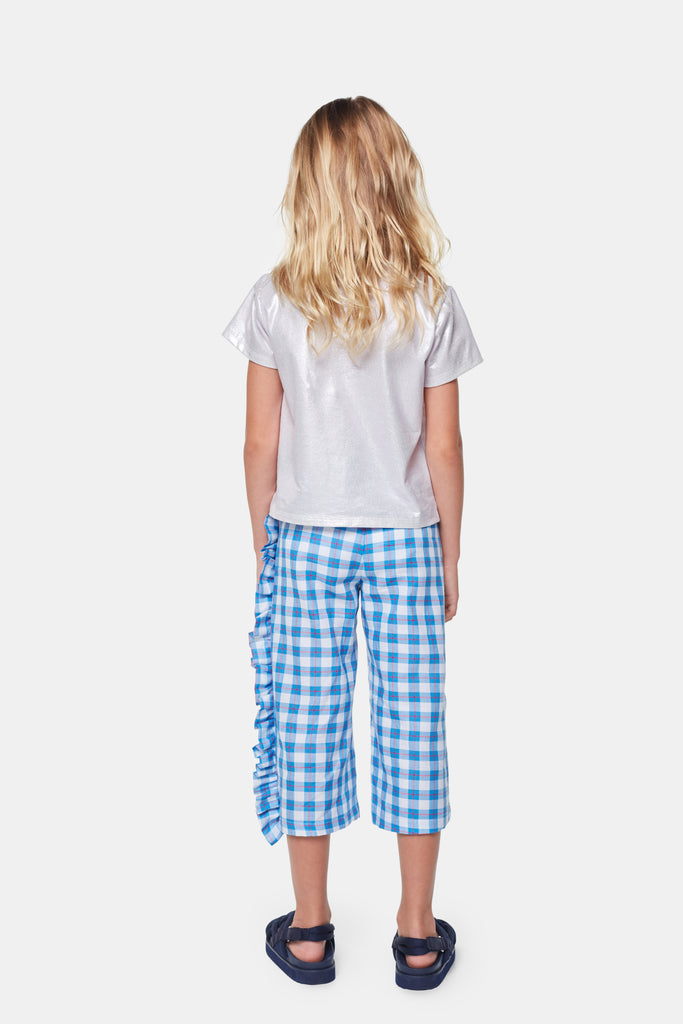 Checkered White and Blue Trousers with Ruffle