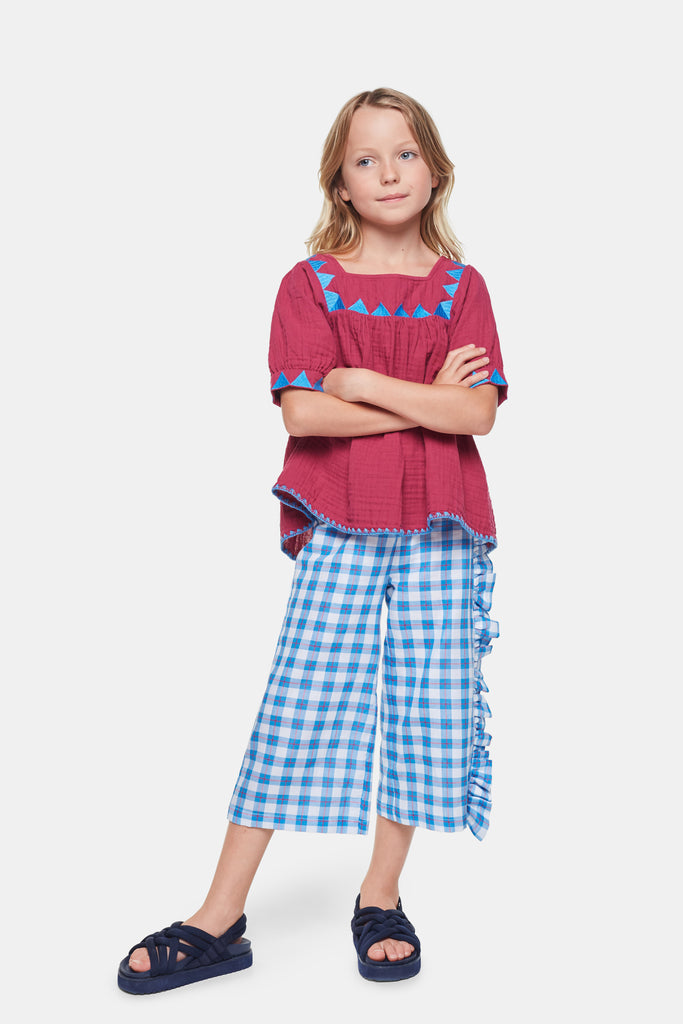 Checkered White and Blue Trousers with Ruffle