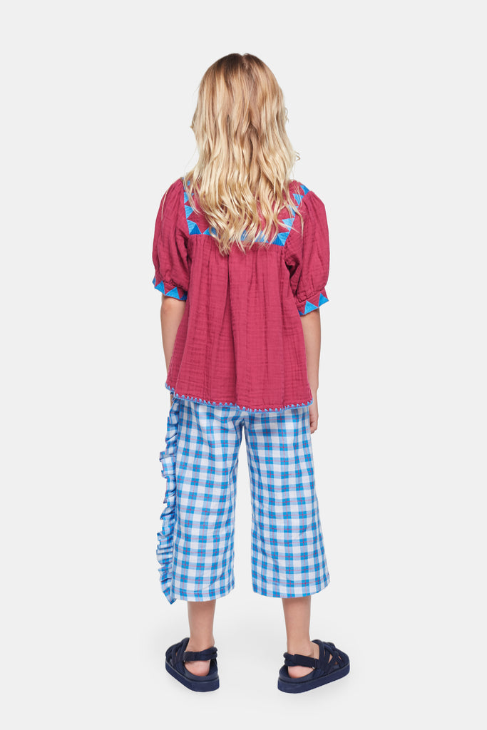 Checkered White and Blue Trousers with Ruffle
