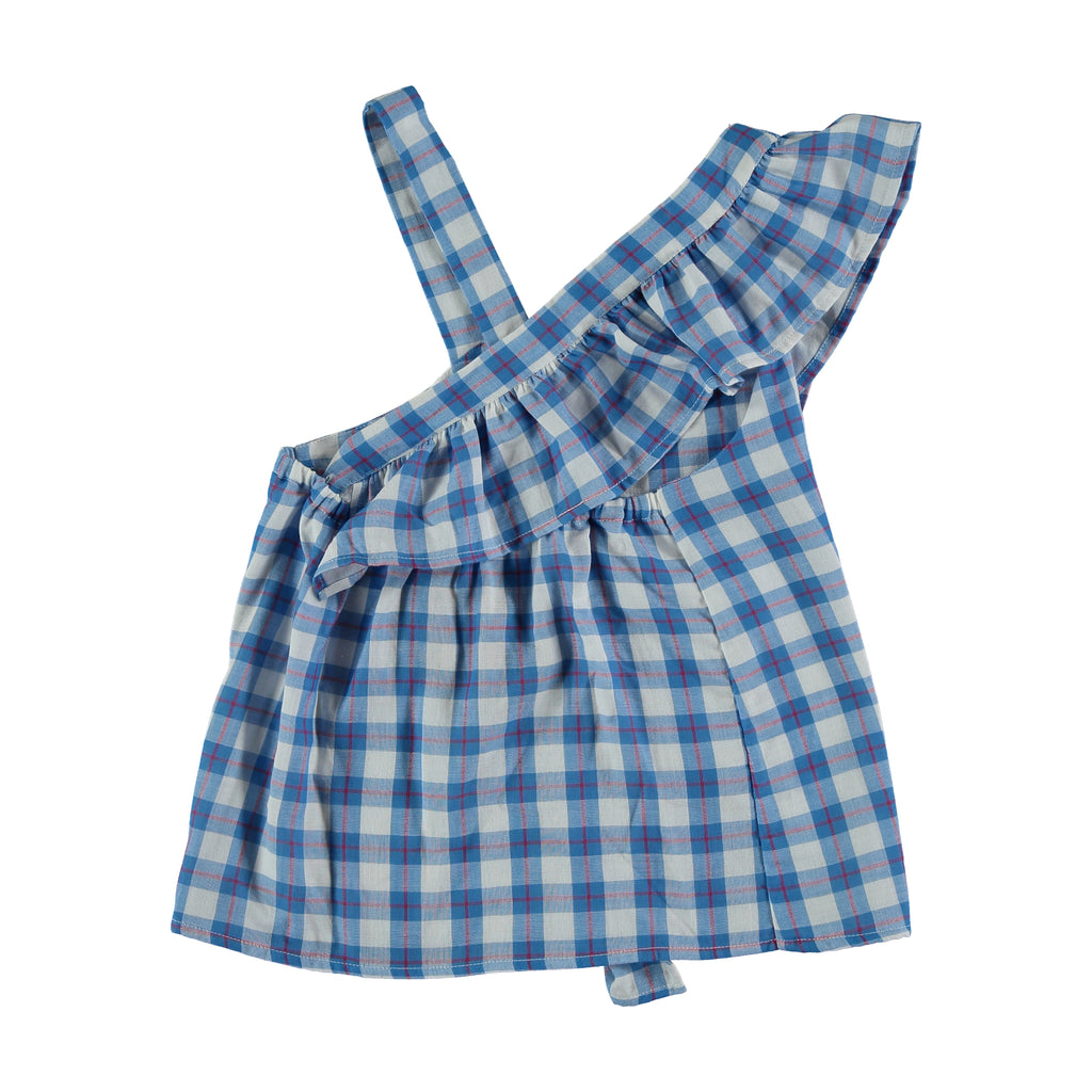 Checkered White and Blue Top with Ruffle