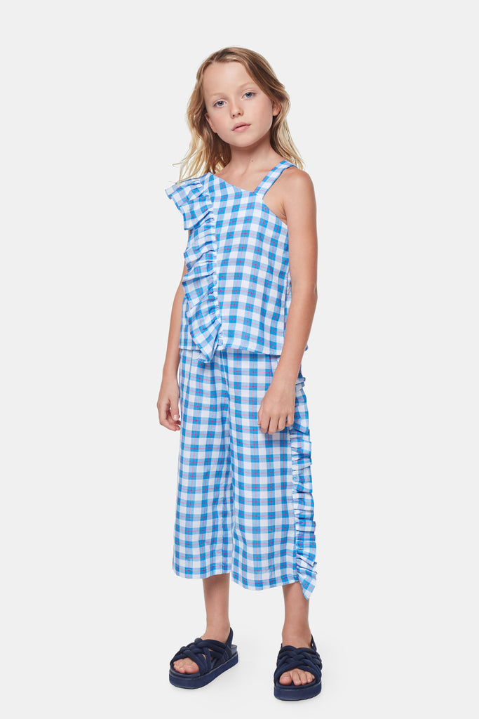 Checkered White and Blue Top with Ruffle