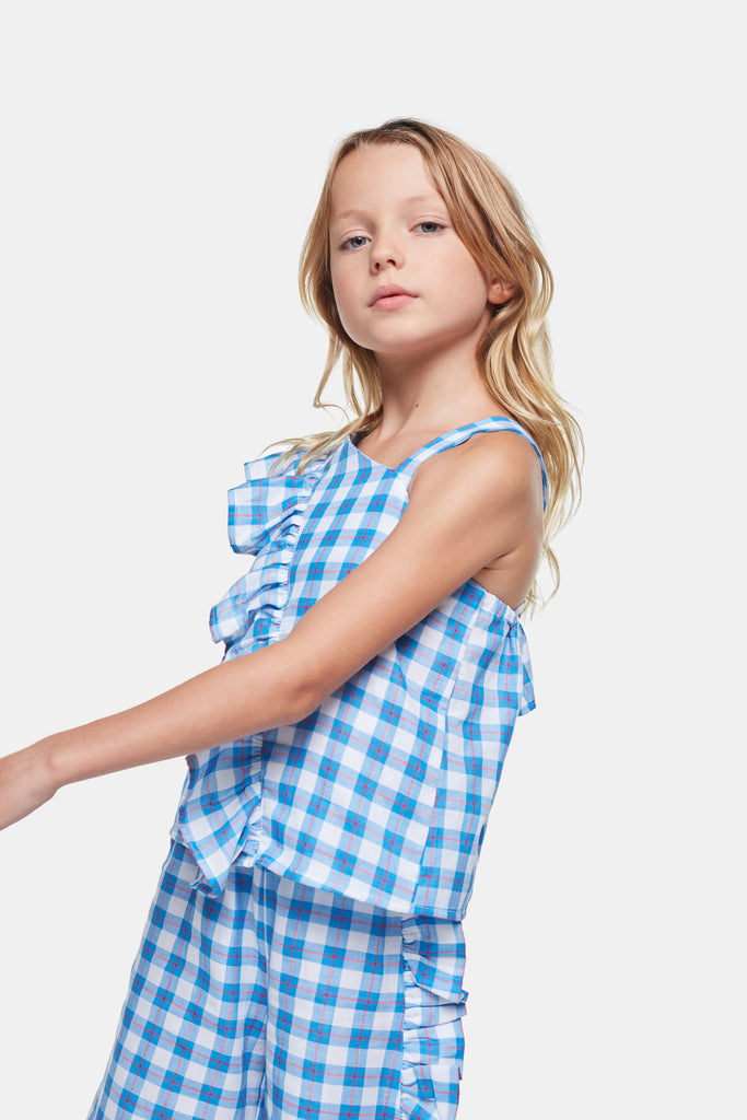 Checkered White and Blue Top with Ruffle
